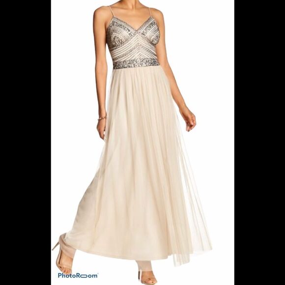 NEW MARINA champagne embellished beaded maxi ballroom prom wedding gown 12 - Picture 1 of 11